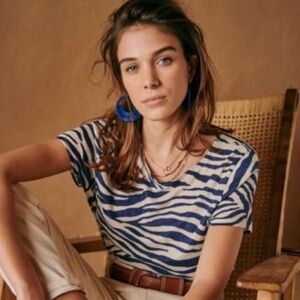 Sézane ecru-blue 100% linen André T-shirt - size M